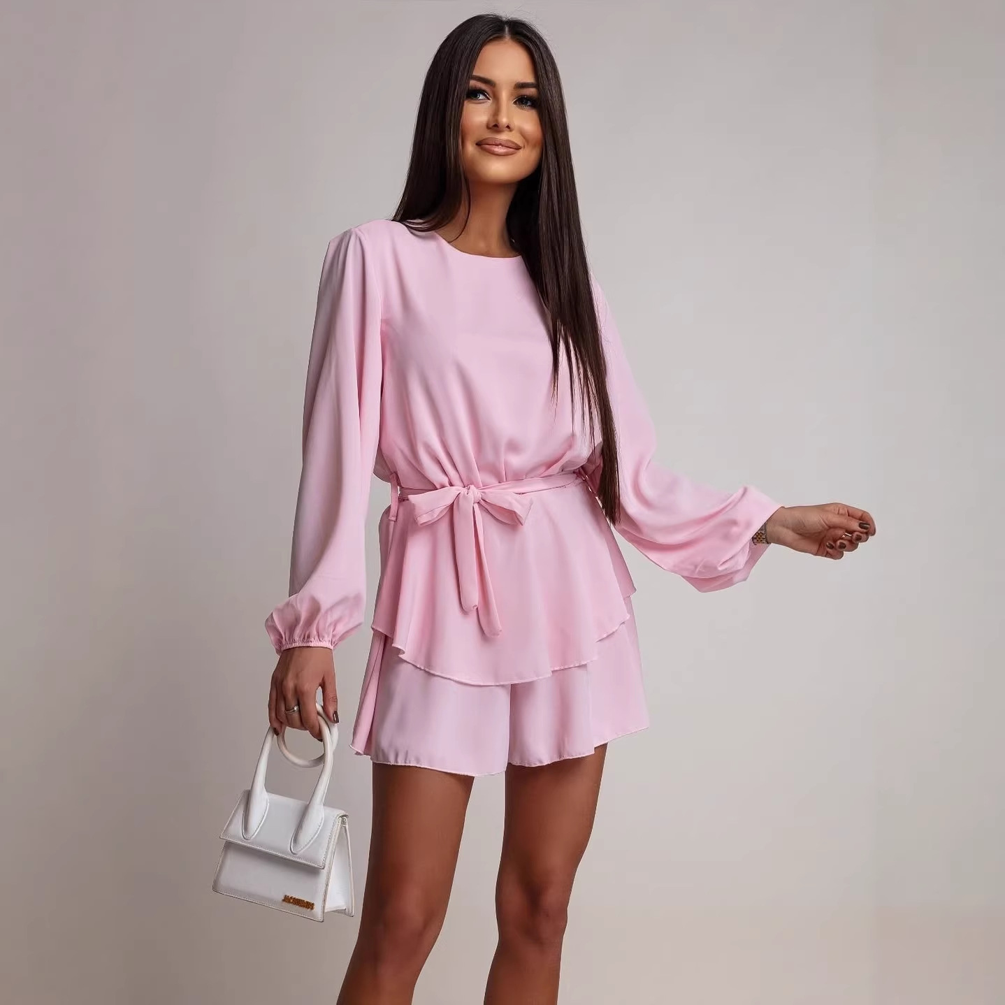 Chiffon Solid Color Long Sleeve Lantern Sleeve Open Back Jumpsuit