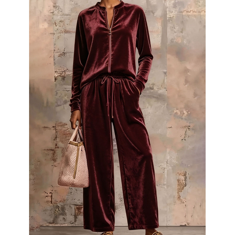 Women's Velvet Hoodie & Wide-Leg Pants Set High Waist Drapey