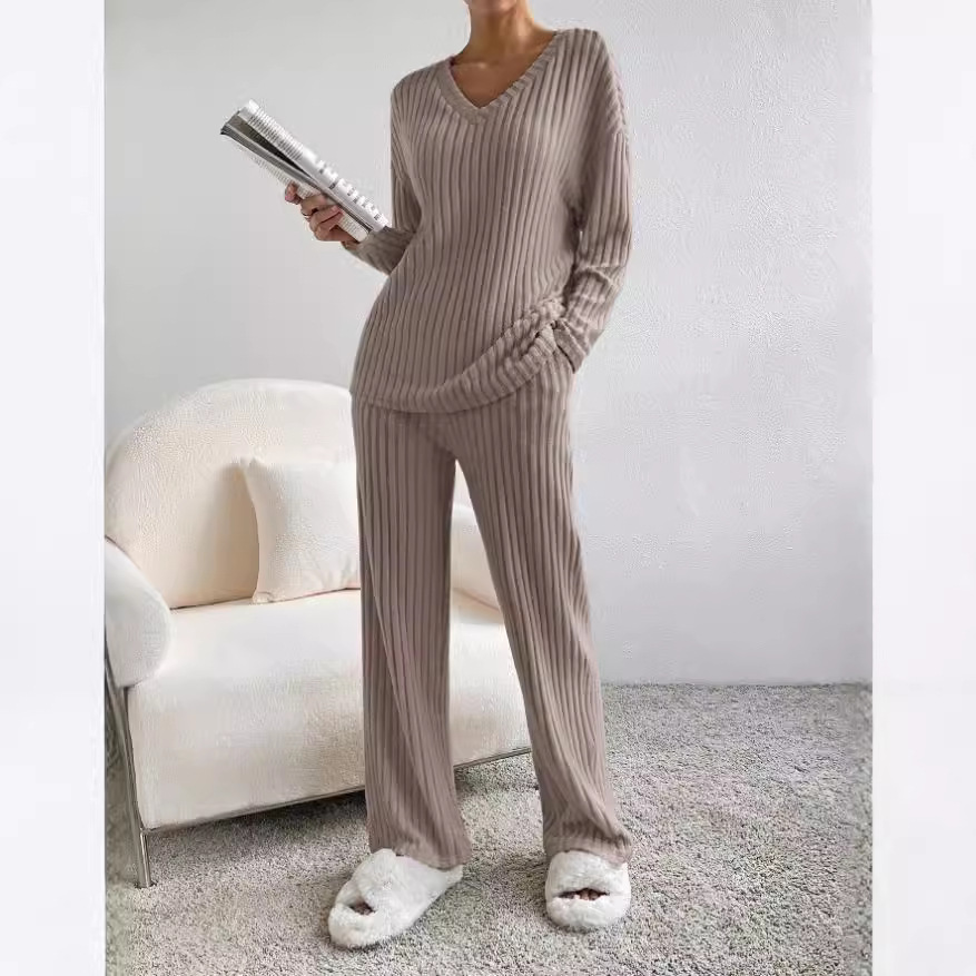 Women's Ribbed V-Neck Top and Straight-Leg Pants Two-Piece Set