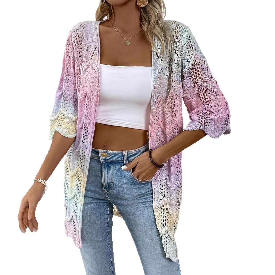 Gradient Open-Knit Pullover Sweater Lightweight Hollow-Out Loose Long-Sleeve Top for Women