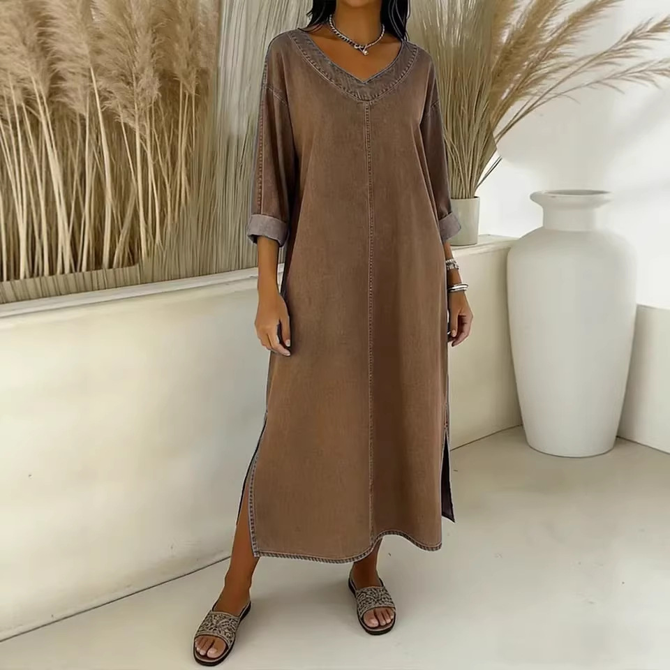 Solid V-Neck Midi Faux Denim Dress with Slit