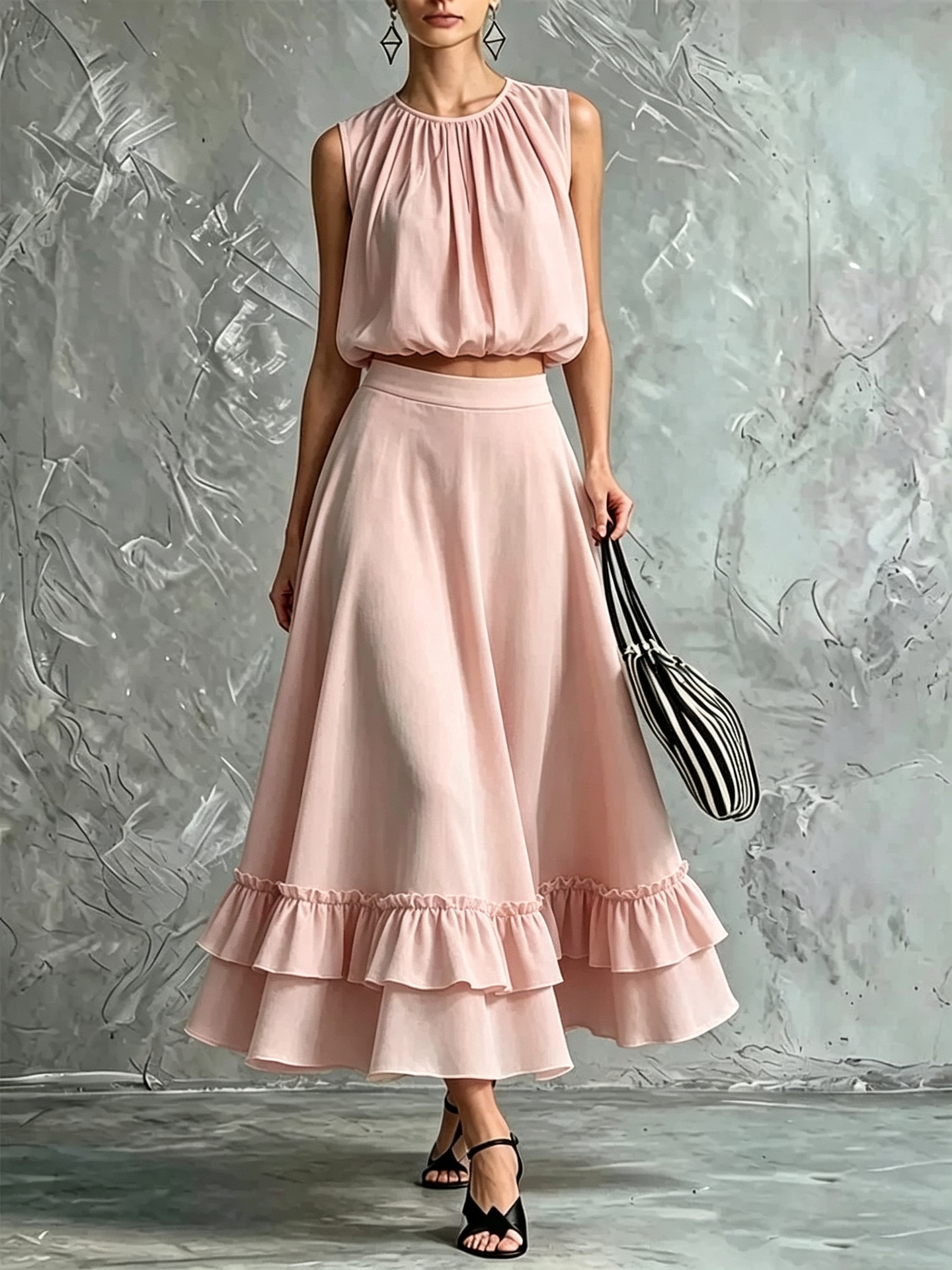Women's Sleeveless Round Neck Top and Ruffle Hem Maxi Skirt Set