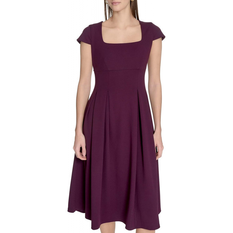 Floral Print Short Sleeve Midi Dress Square Neck A-Line