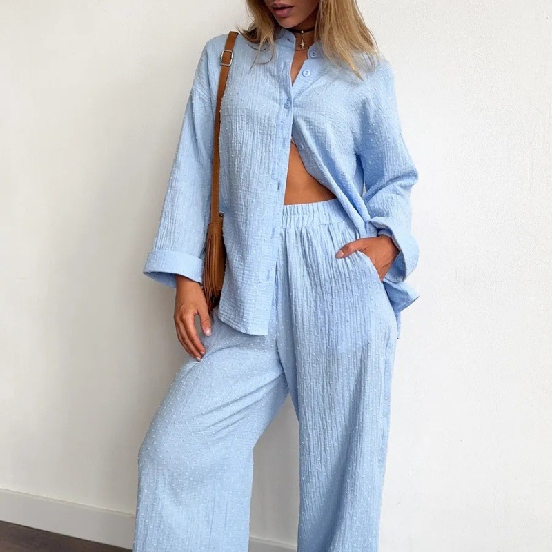 Women's Spring Summer Shirt and Pants Two-Piece Set Long Sleeve Collared Top with Elastic Waist Pants