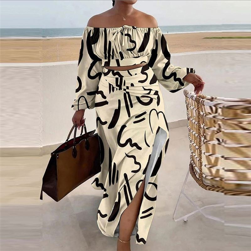 Off-Shoulder Slit Dress Set with Printed Top