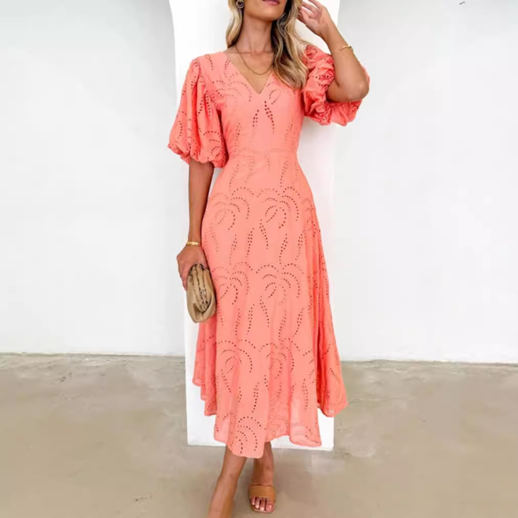 Solid Cutout V-Neck Short Sleeve Waist-Defining Midi Dress