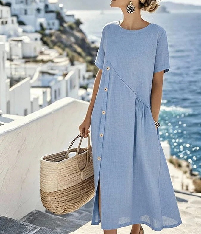 Casual Button-Trim Midi Dress with Pockets