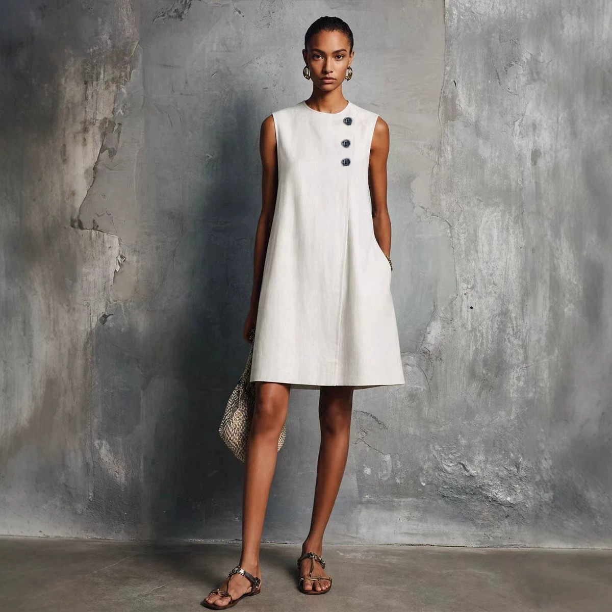 Minimalist Crewneck Sleeveless Dress with Asymmetric Buttons and Side Pockets