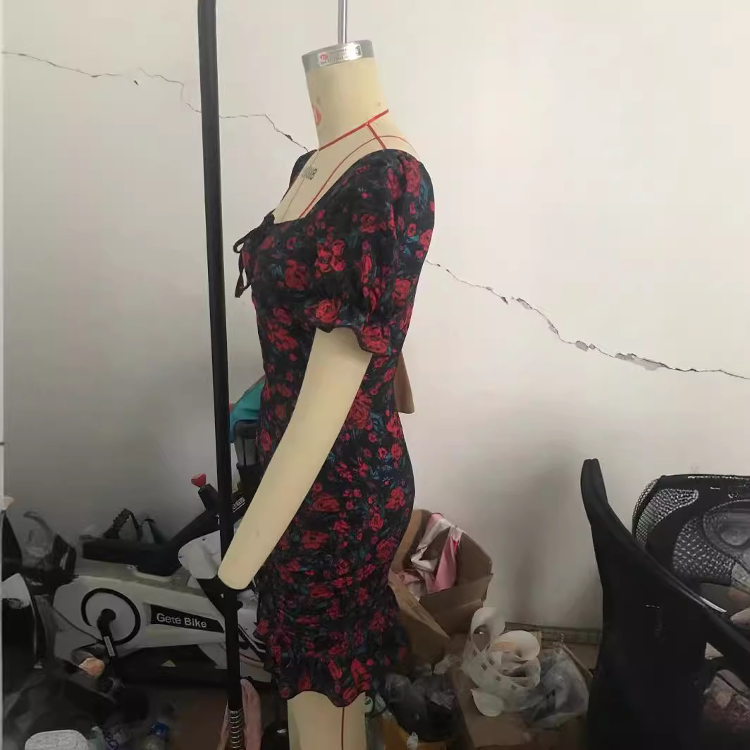 Square Neck Tie-Strap Short Sleeve Open Back Dress