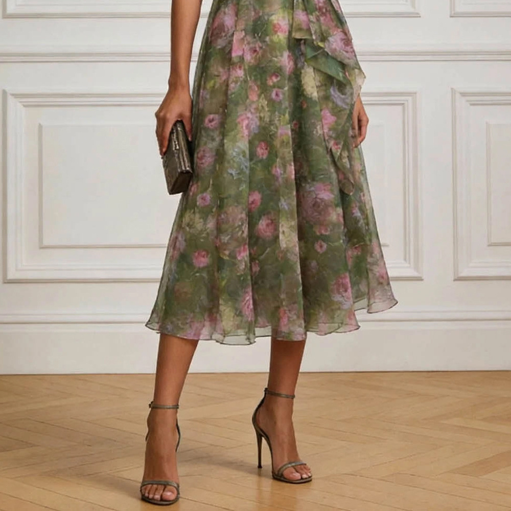 Irregular Floral Print Ruched Waist Sleeveless Dress