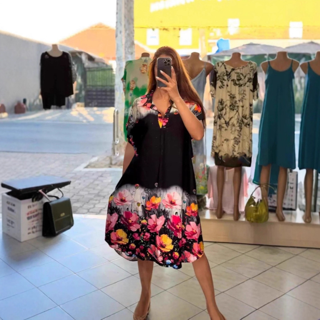 Floral Print Collared Short Sleeve Pocket Dress
