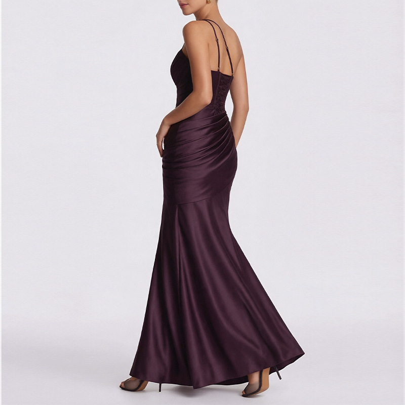 Women's Summer Slim Fit Solid Color Open Back Cutout Ruched Elegant French Dress