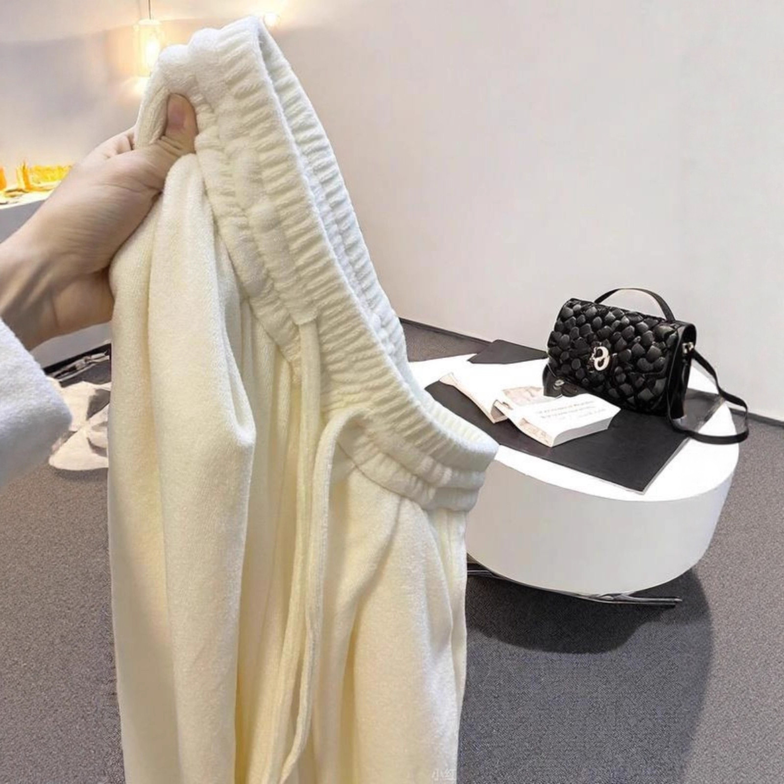 Off-White High-Waist Wide-Leg Fleece-Lined Pants