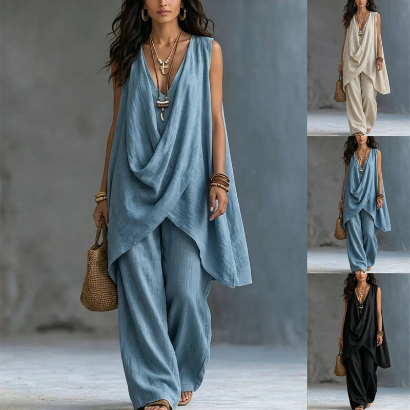 Women's Sleeveless Cross V-Neck Loose Top and Wide-Leg Pants Two-Piece Set