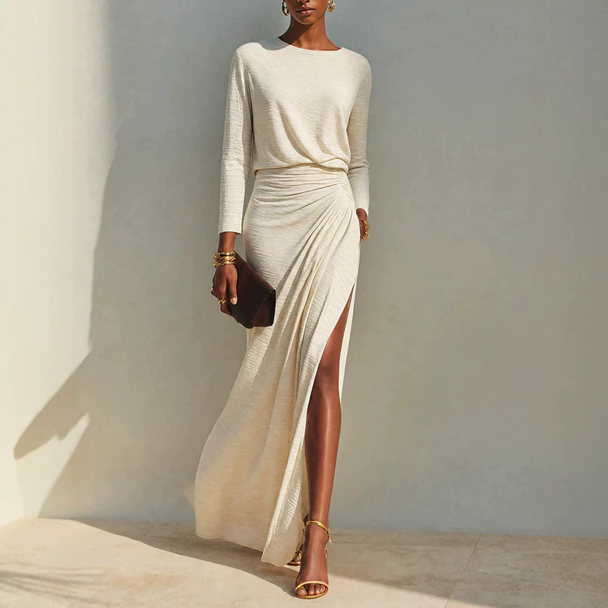 Elegant Long Sleeve Twist Waist Ruched Side Slit Party Evening Dress
