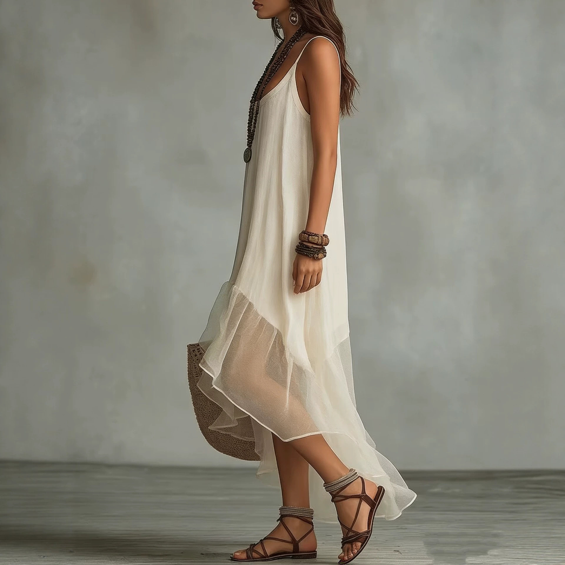 Boho Sleeveless U-Neck Midi Dress Solid Color Relaxed Fit