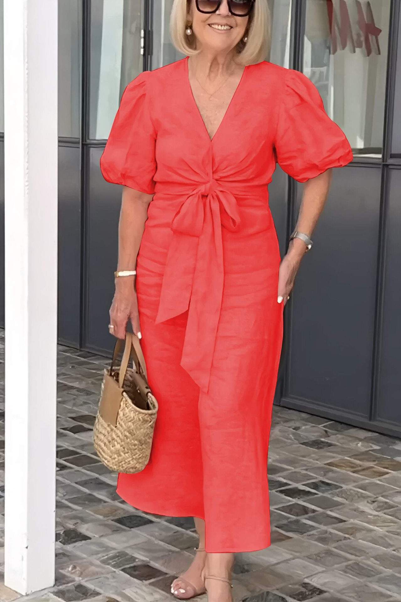 V-Neck Tie-Front Bubble Sleeve Cotton Dress