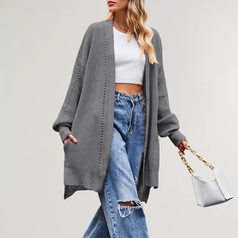 Women's Solid Color Loose Knit Cardigan with Pockets