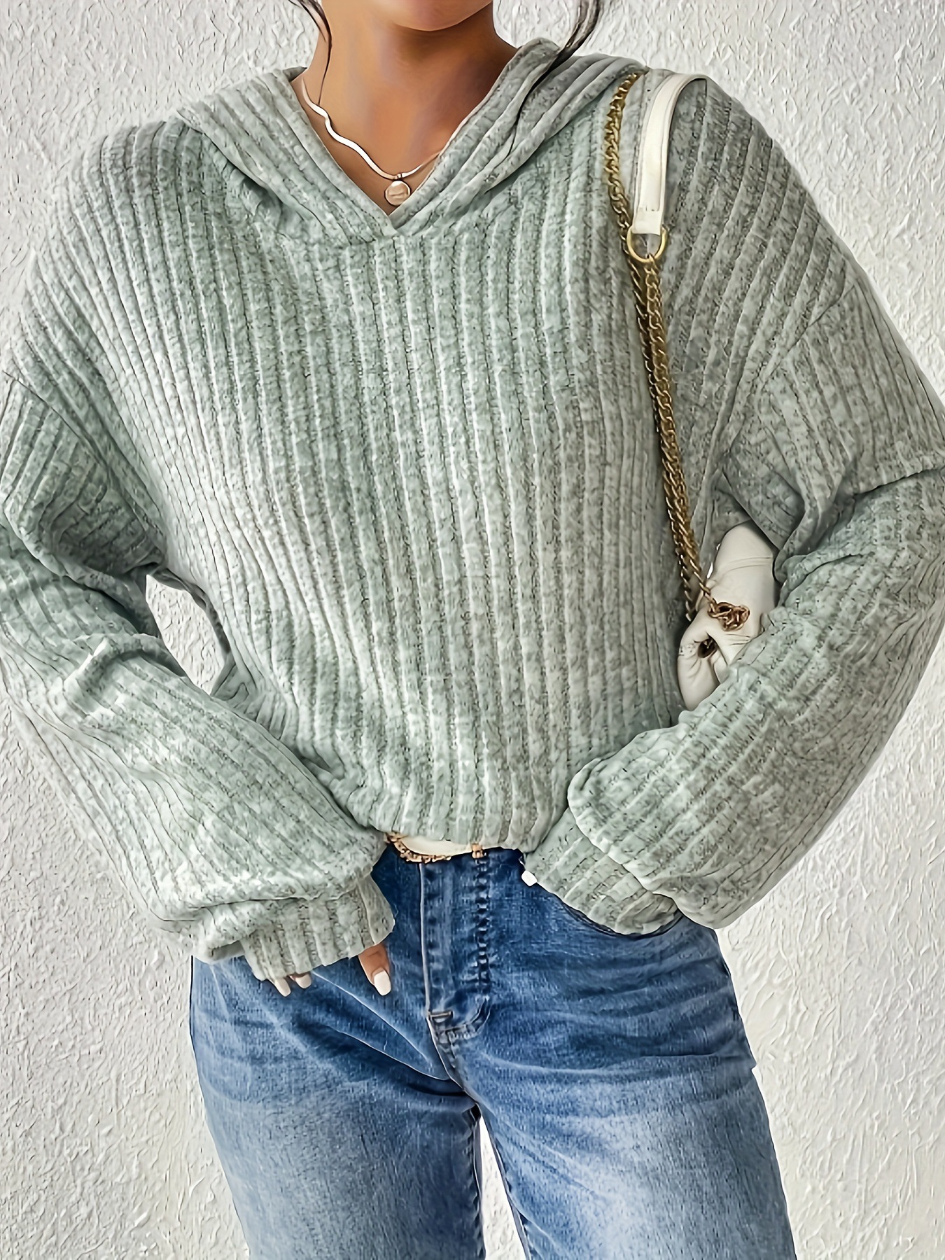 Women's Loose Solid Color Long Sleeve Ribbed Hooded Sweatshirt