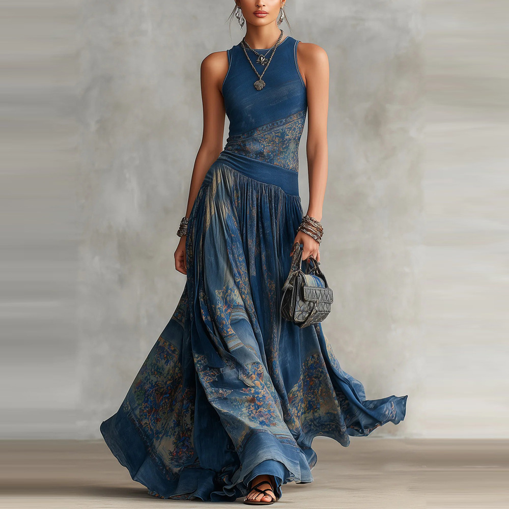 Digital Print Sleeveless A-Line Midi Dress with Round Neck