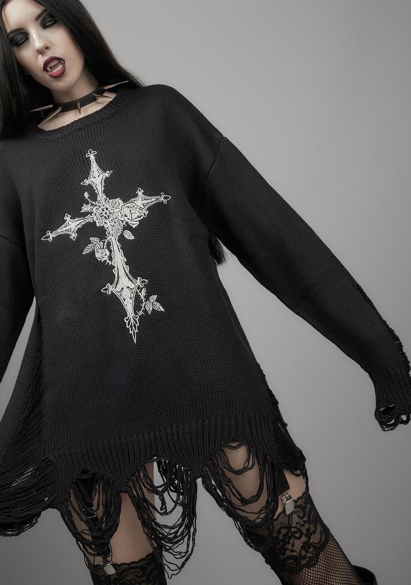 Women's Long Sleeve Cross Cutout Distressed Knit Sweater