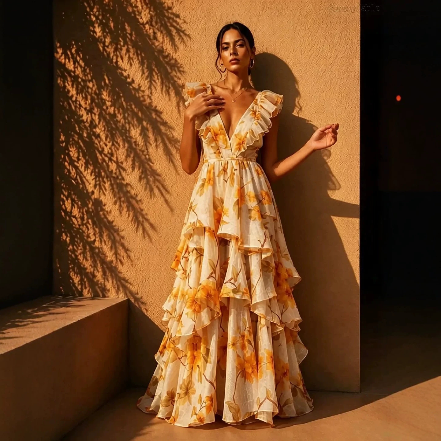 Yellow Floral Sleeveless Deep V Ruffle Tiered Maxi Dress