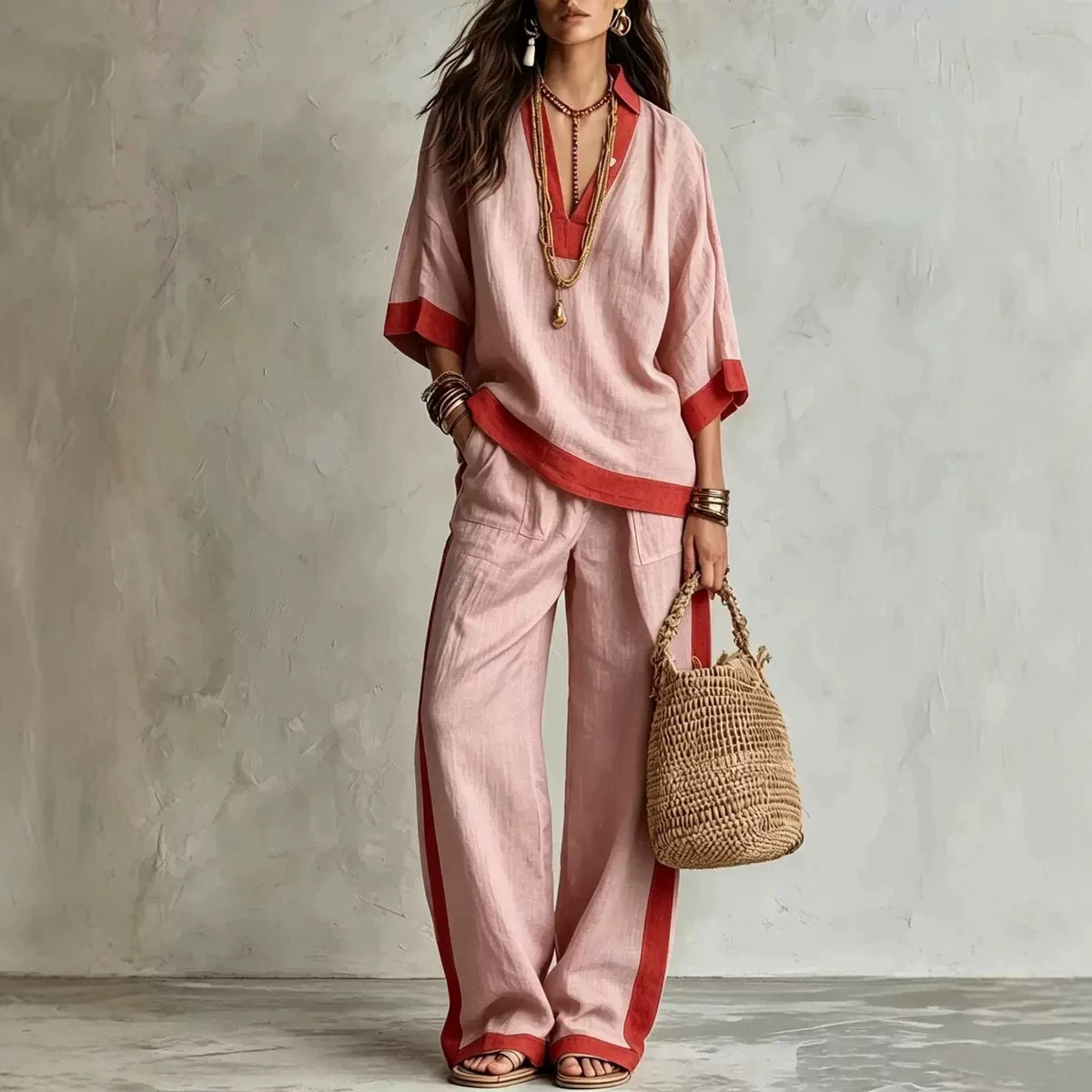 Color-Block Linen-Look V-Neck Top & Wide-Leg Pants Set