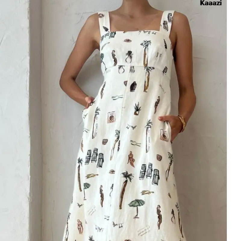 Women's Sleeveless Tie-Strap Printed A-Line Maxi Dress