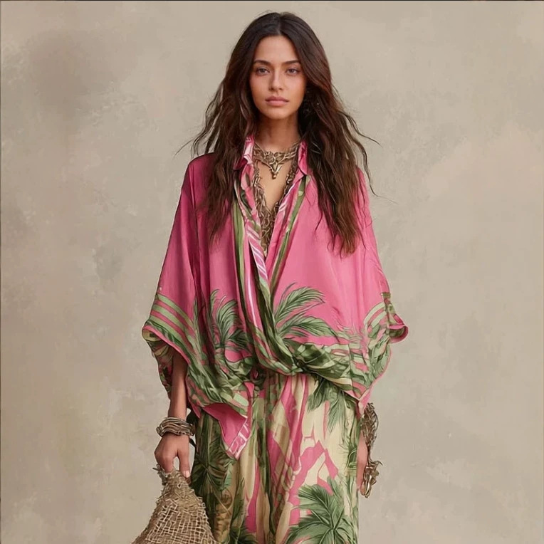 Women's Two-Piece Set with Print, Loose Fit, Round Neck, Batwing Sleeves, High Waist, Long Skirt, Rose Red