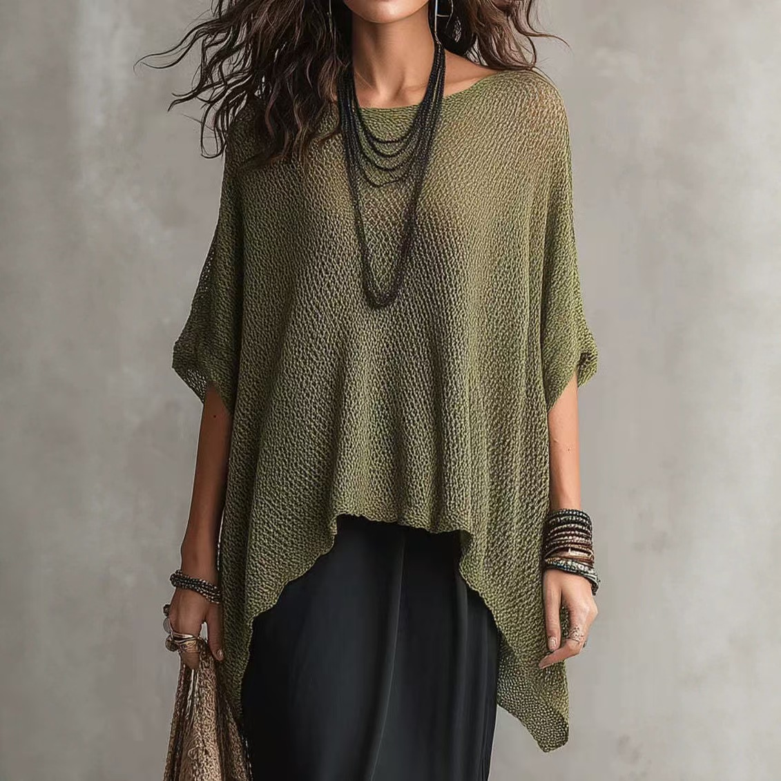Women's Open Knit Top with Asymmetric Hem and Batwing Sleeves