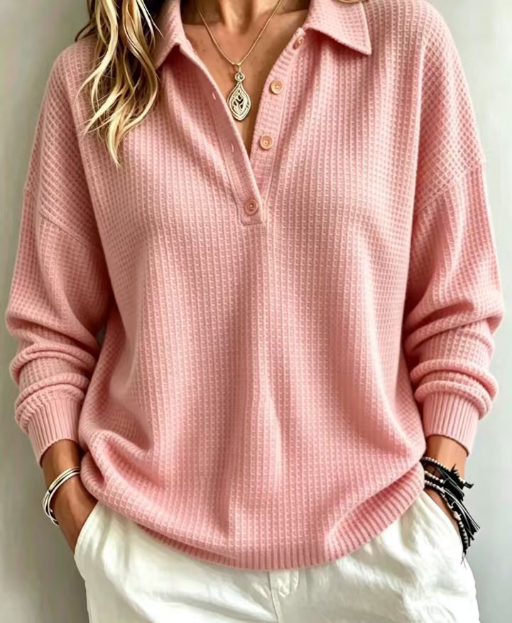 Waffle Knit Button-Front Pullover Top