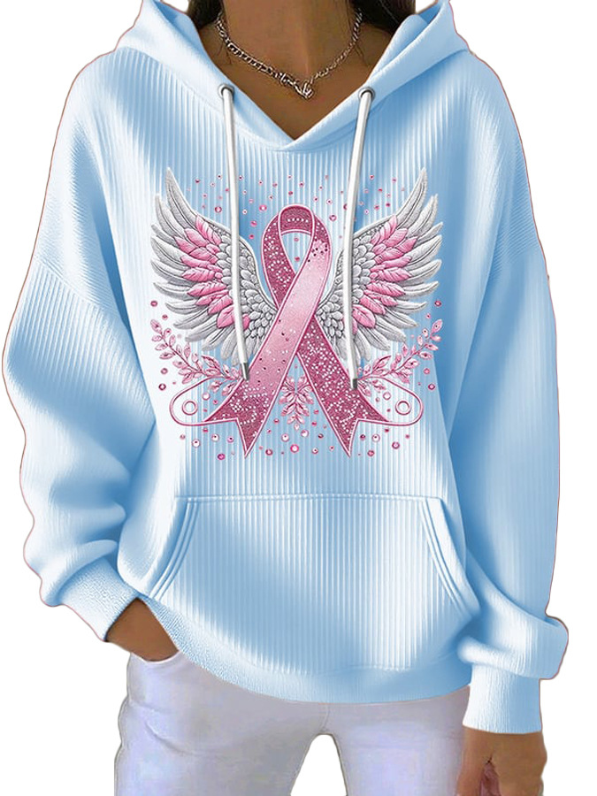 Women's Striped Hooded Long-Sleeve Sweatshirt with Cartoon Digital Print