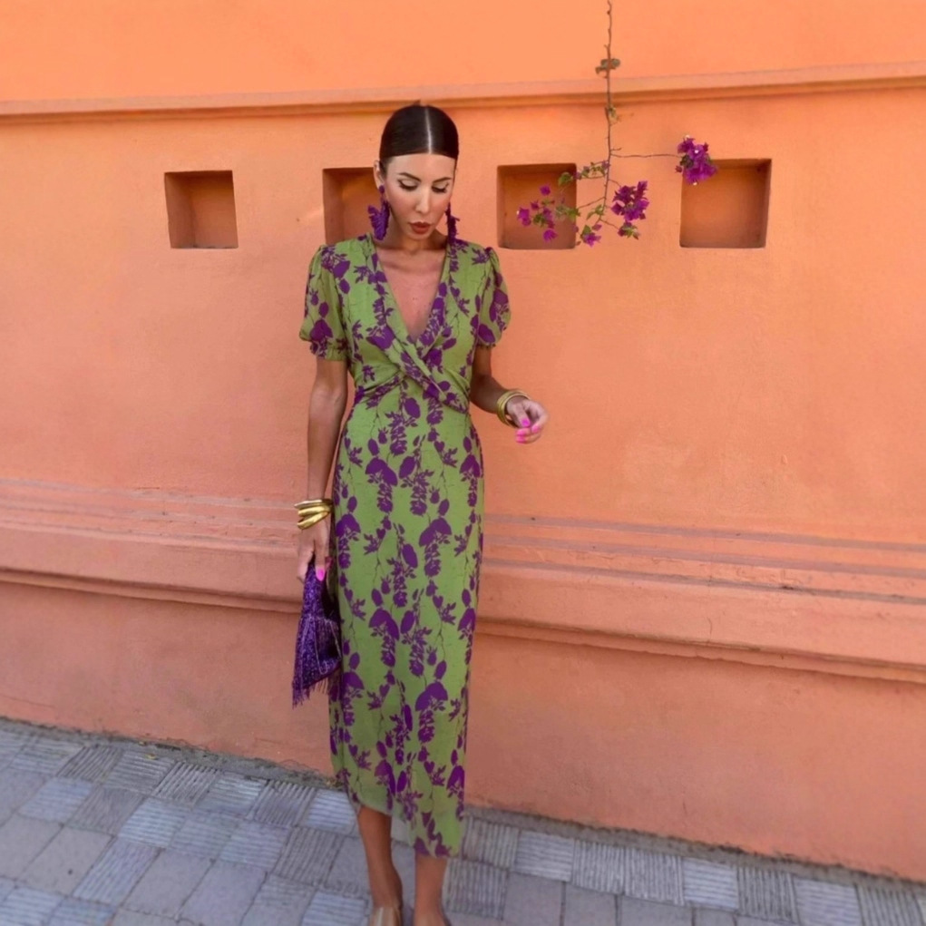Women's Ruched Print V-Neck Short Sleeve Midi Dress