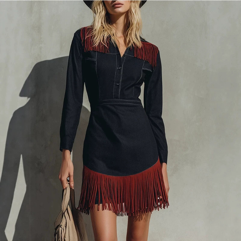 Western Fringe Denim Dress with Shirt Collar and High Waist