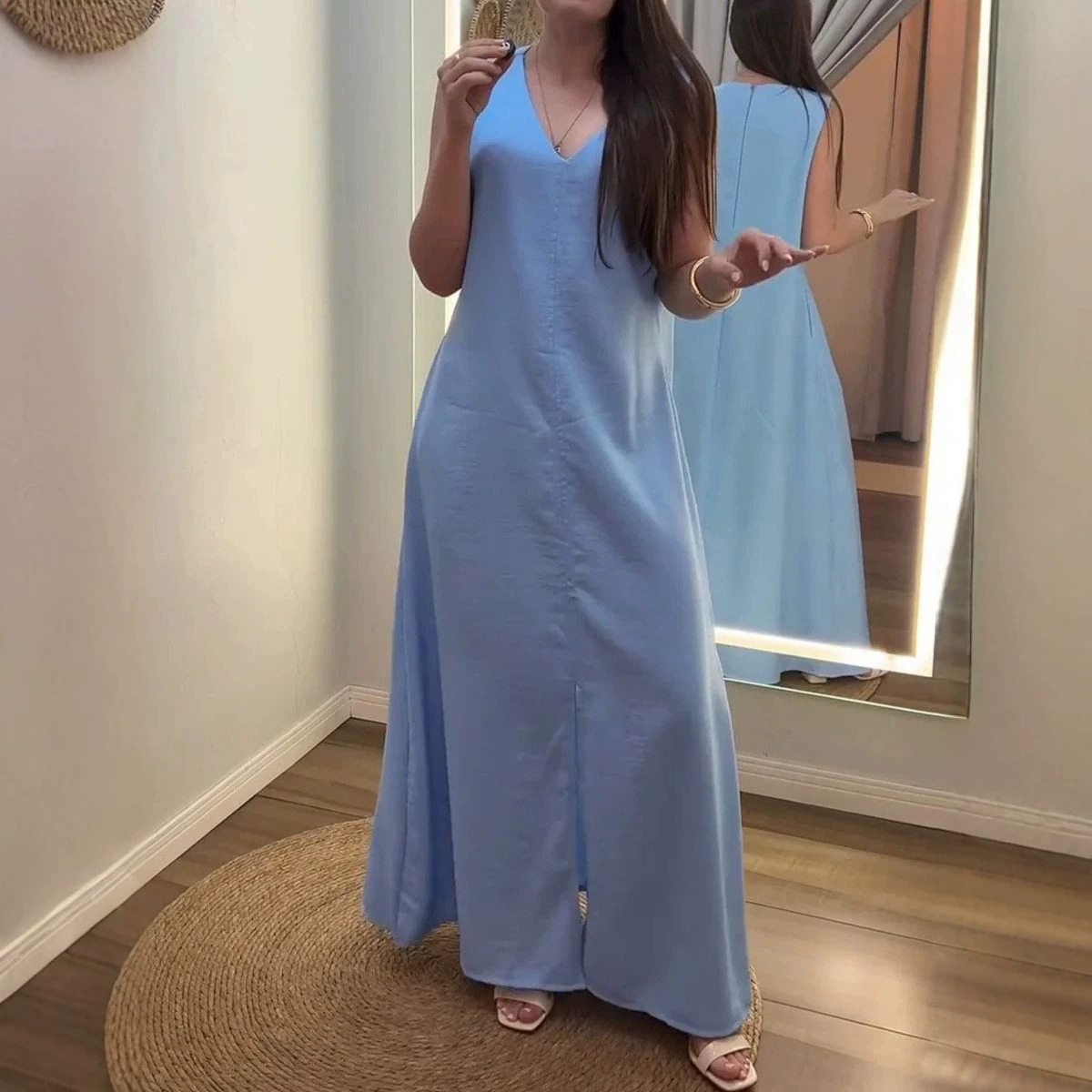 Women's Solid V-Neck Sleeveless Loose Cotton-Linen Maxi Dress