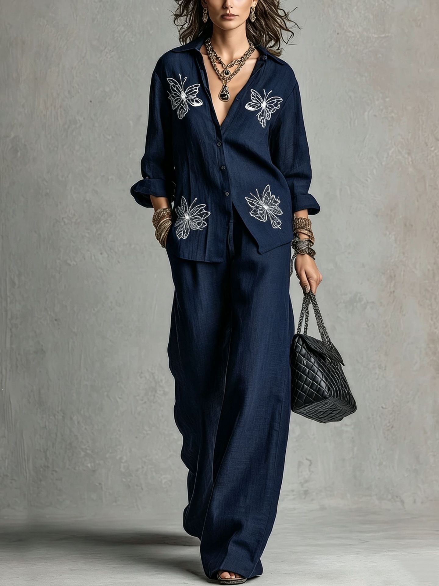 Women's Butterfly Embroidered Shirt & Wide-Leg Pants Two-Piece Set