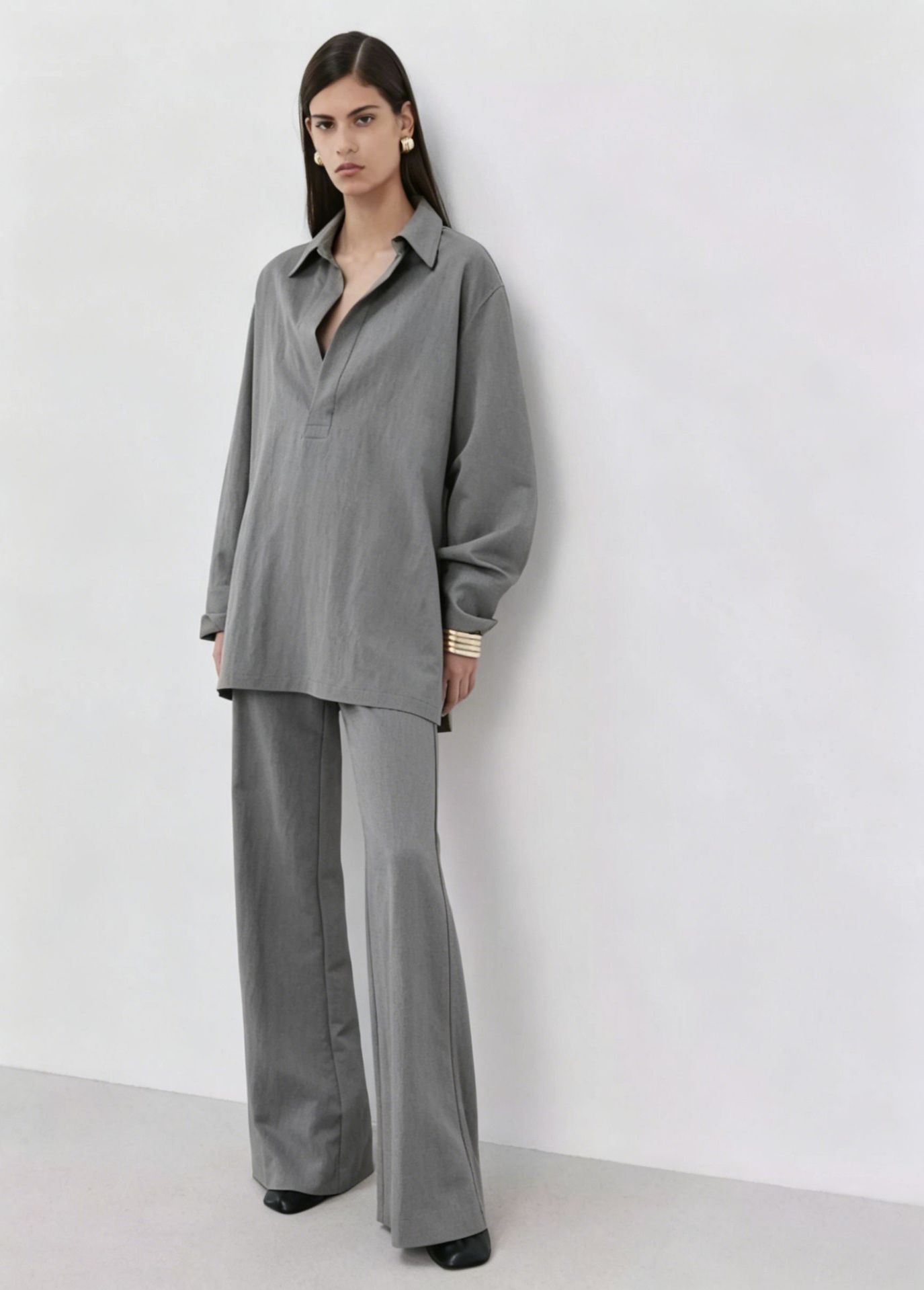 Women's Two-Piece Collared Shirt Set Long Sleeve Solid Color