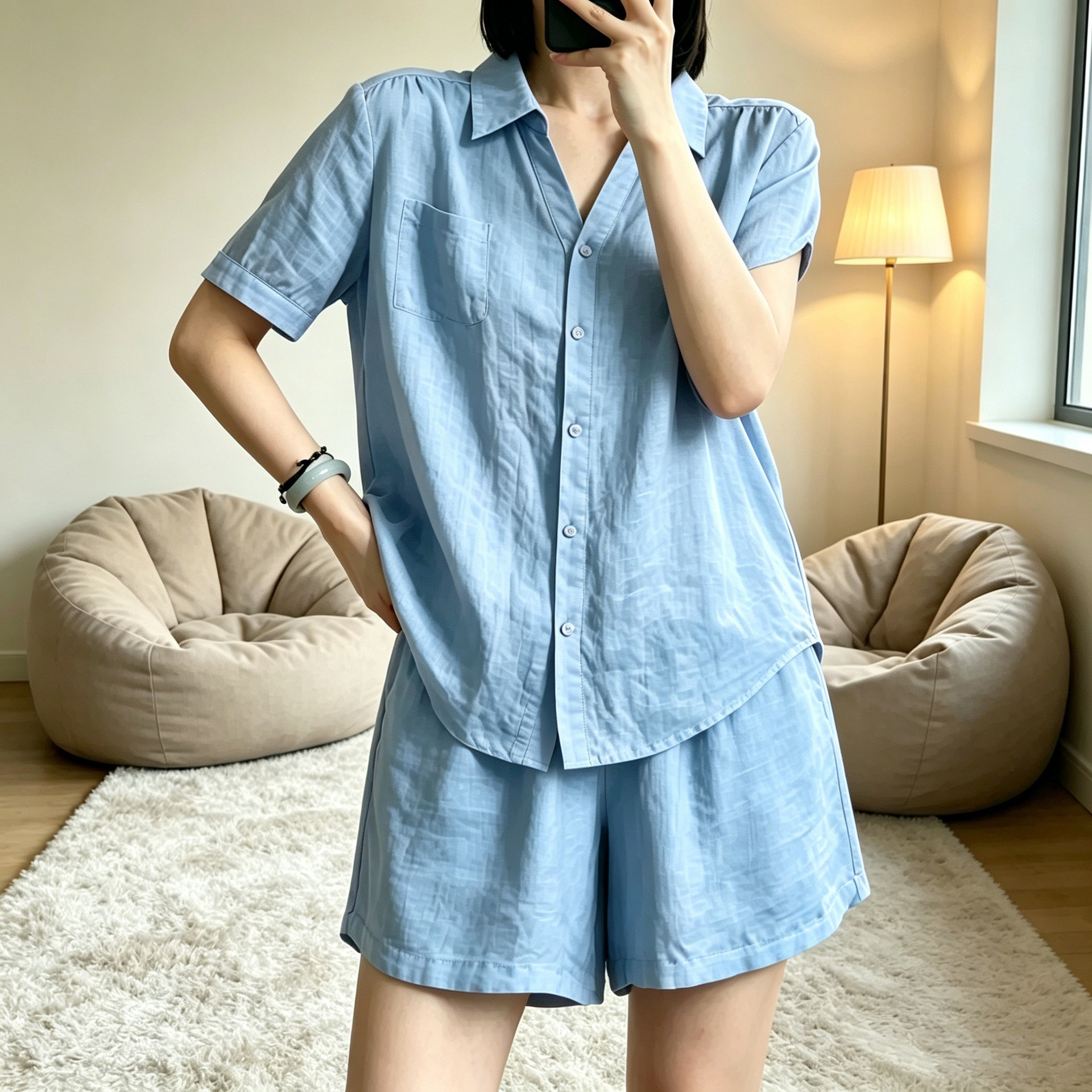 Women's Casual Solid Color Shirt and Shorts Set with Lapel Collar and Short Sleeves