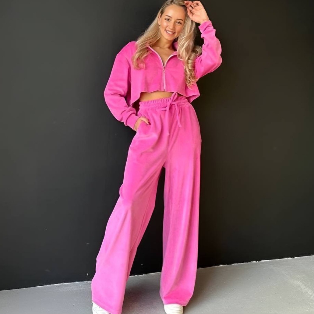 Women's Solid Color Long Sleeve Zip Cardigan & Wide Leg Pants Two-Piece Set
