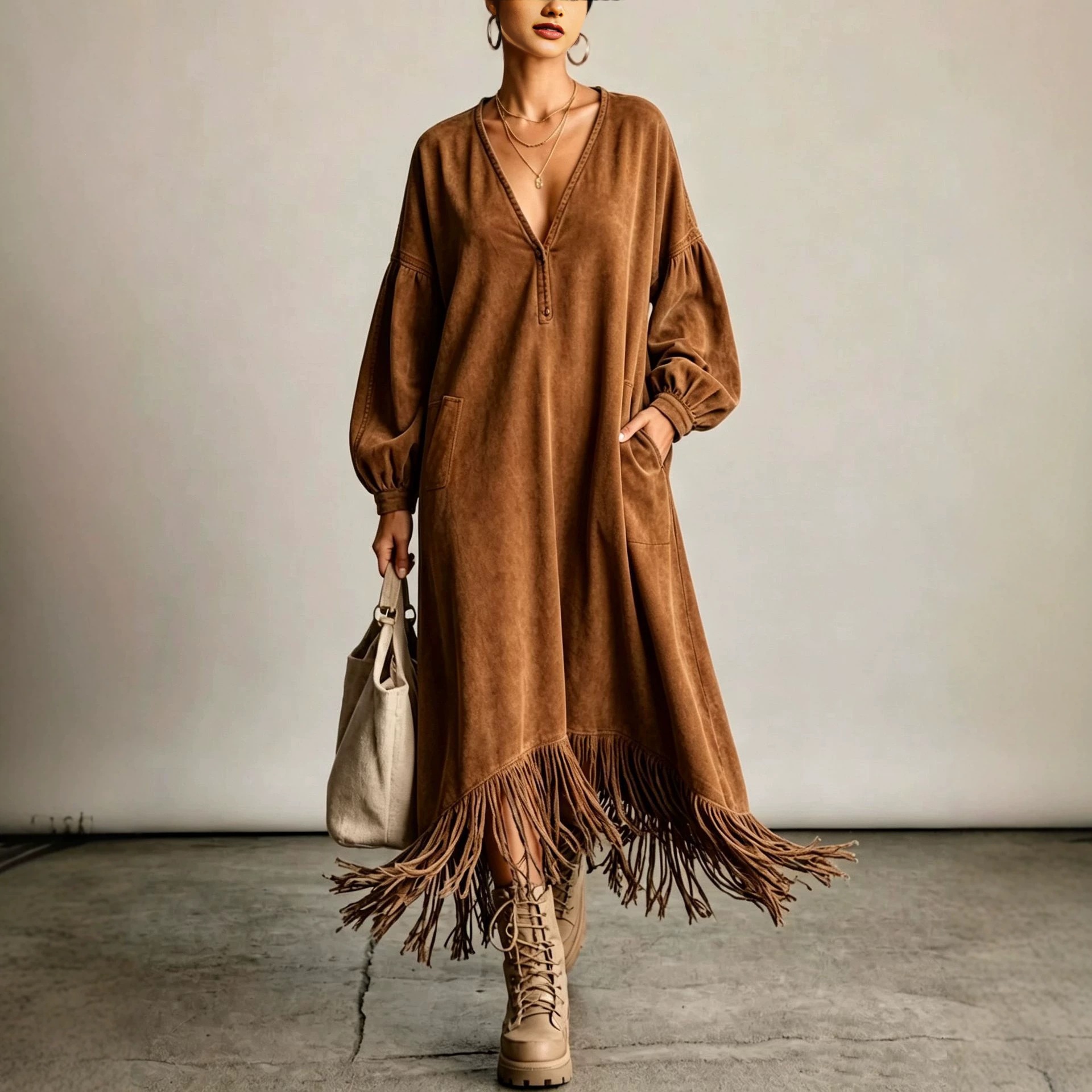 Suede Fringe V-Neck Midi Dress