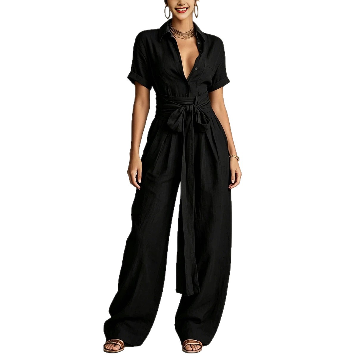 Women's Solid High-Waist Short-Sleeve Jumpsuit Casual Loose Straight-Leg