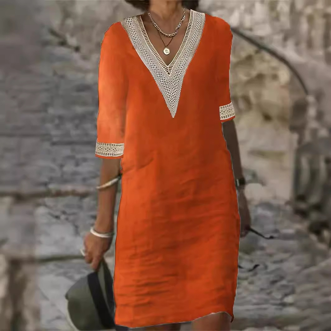 Solid V-Neck Half-Sleeve Cotton-Linen Casual Dress