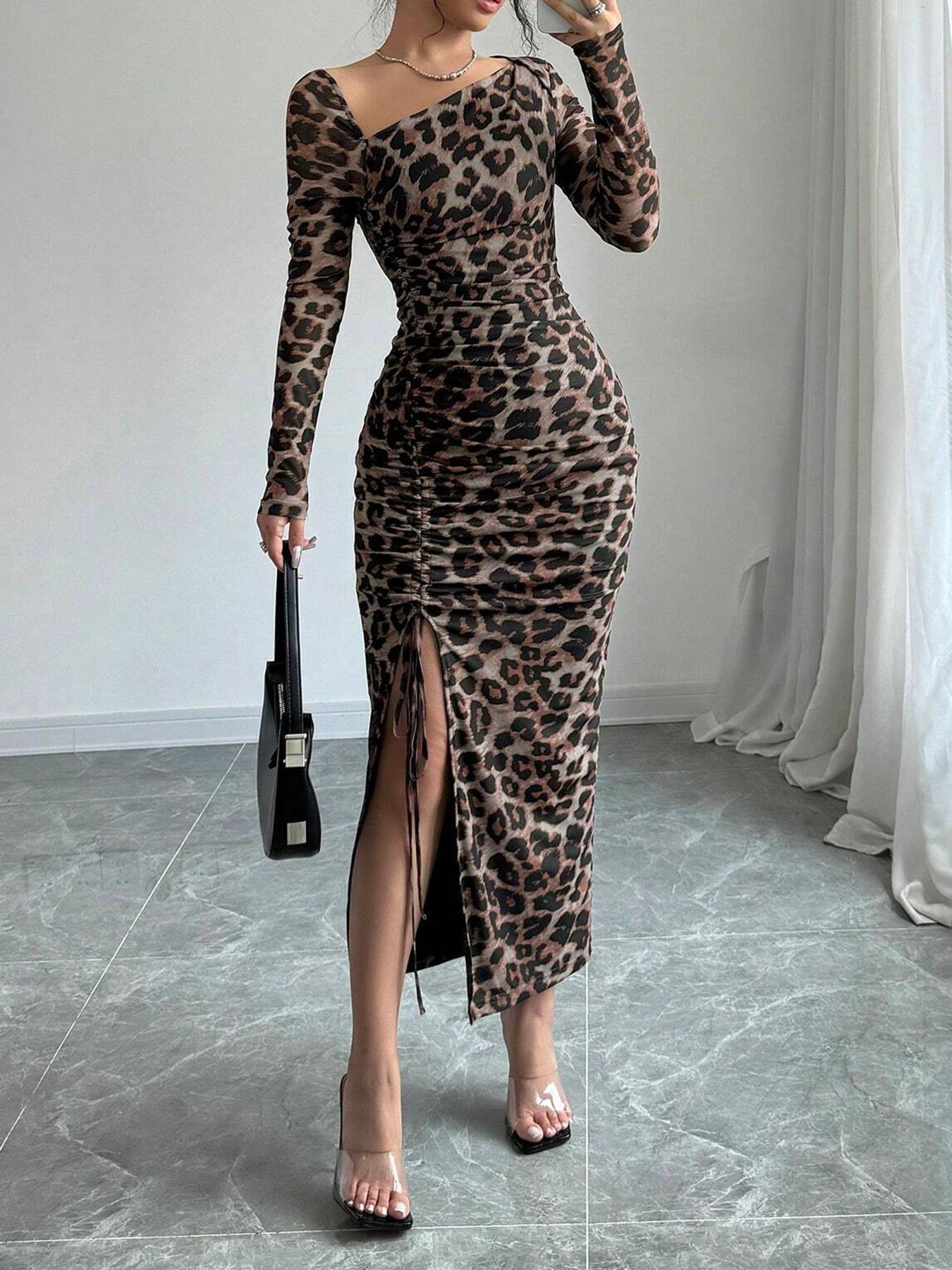 Leopard Print Bodycon Dress Long Sleeve Slim Fit