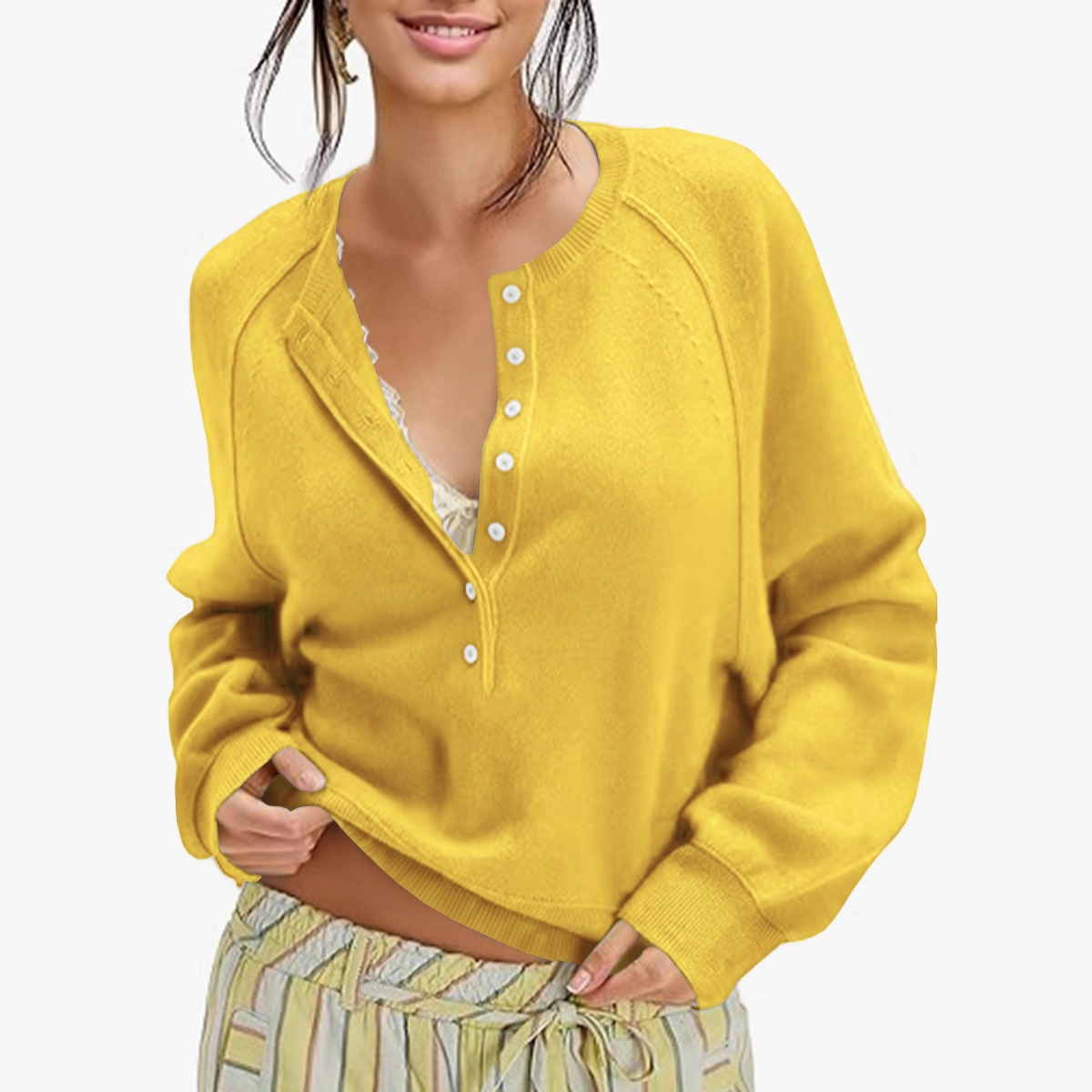 Women's Casual Crewneck Button-Front Knit Henley Sweater