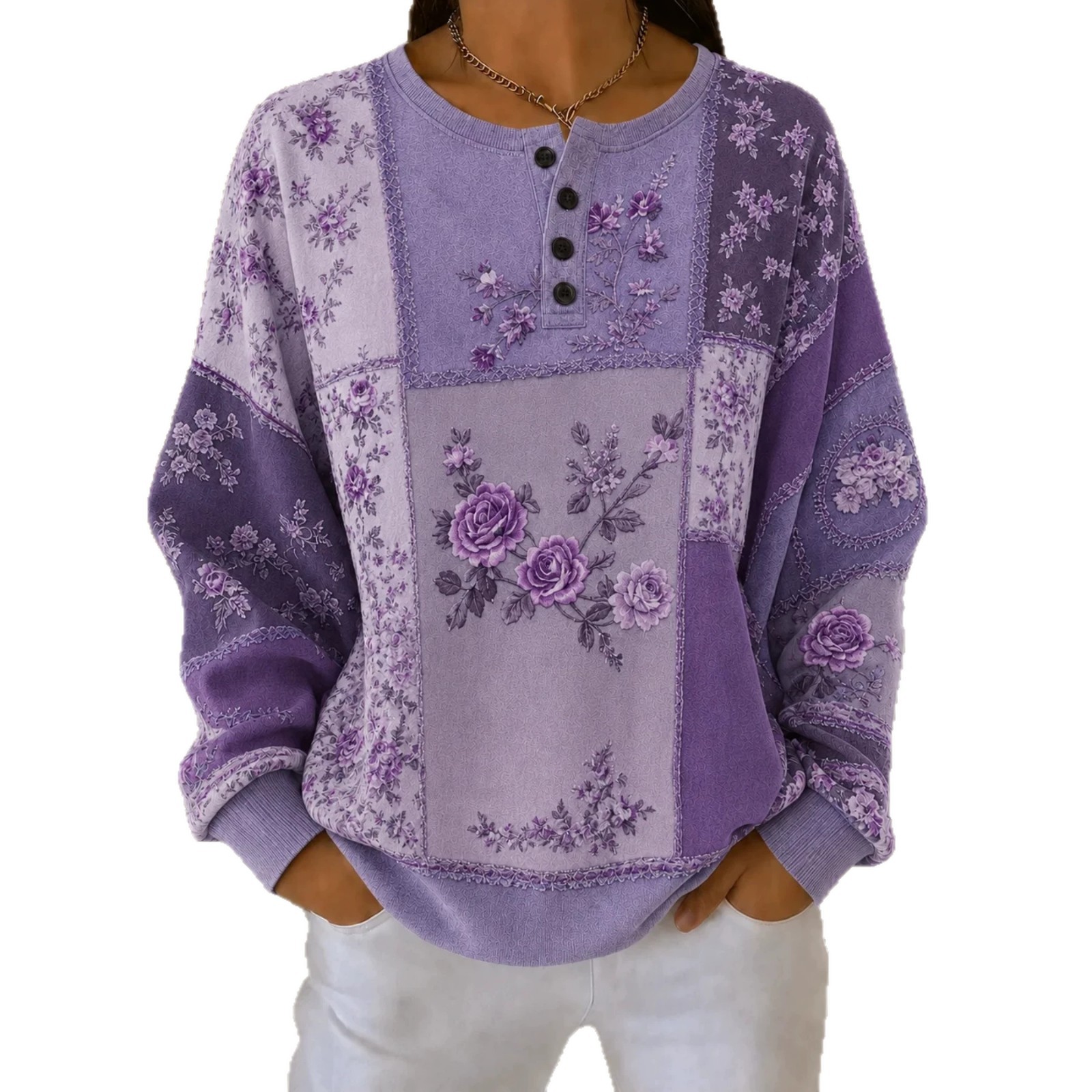 Women's Vintage Floral Print Button Sweatshirt