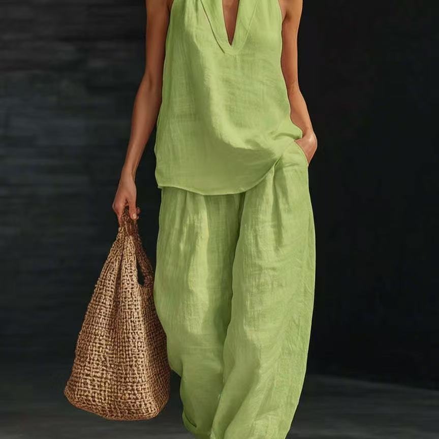 Women's Sleeveless Loose Cold Shoulder Top and Wide-Leg Pants Set