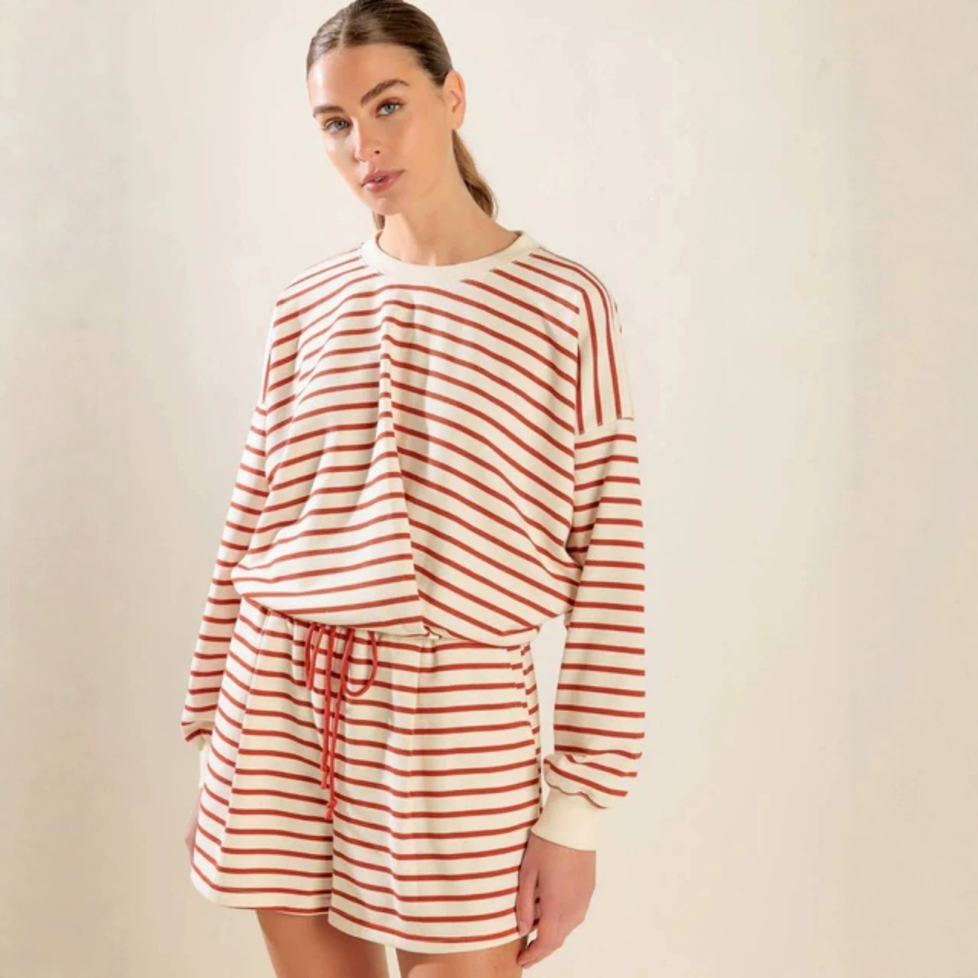 Women's Striped Two-Piece Set with Crew Neck Long-Sleeve Top and Shorts