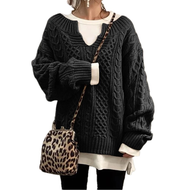 Women's Cable Knit V-Neck Sweater Loose Fit Long Sleeve Pullover