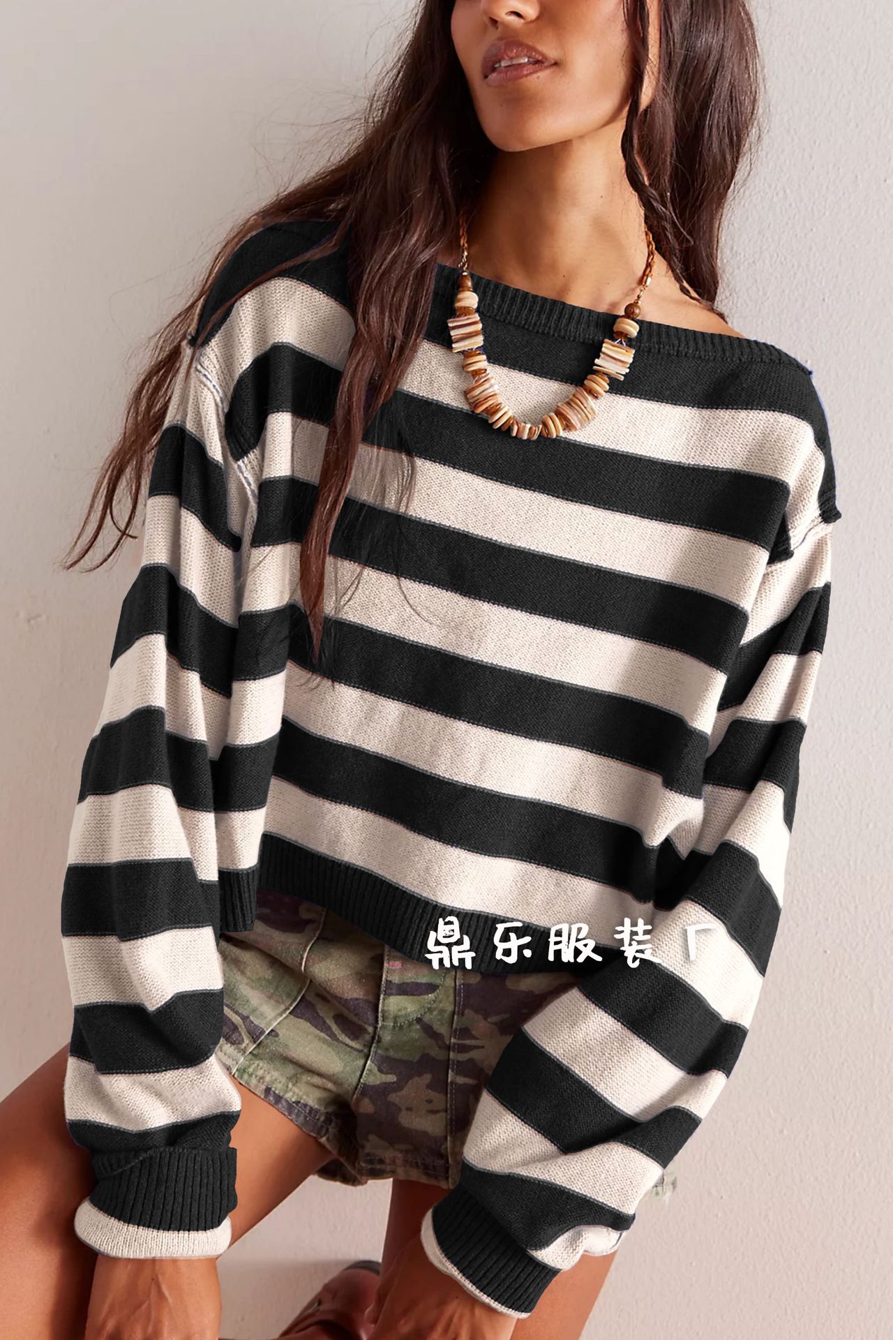Striped Cropped Knit Sweater Off-Shoulder Bell Sleeve Loose Fit