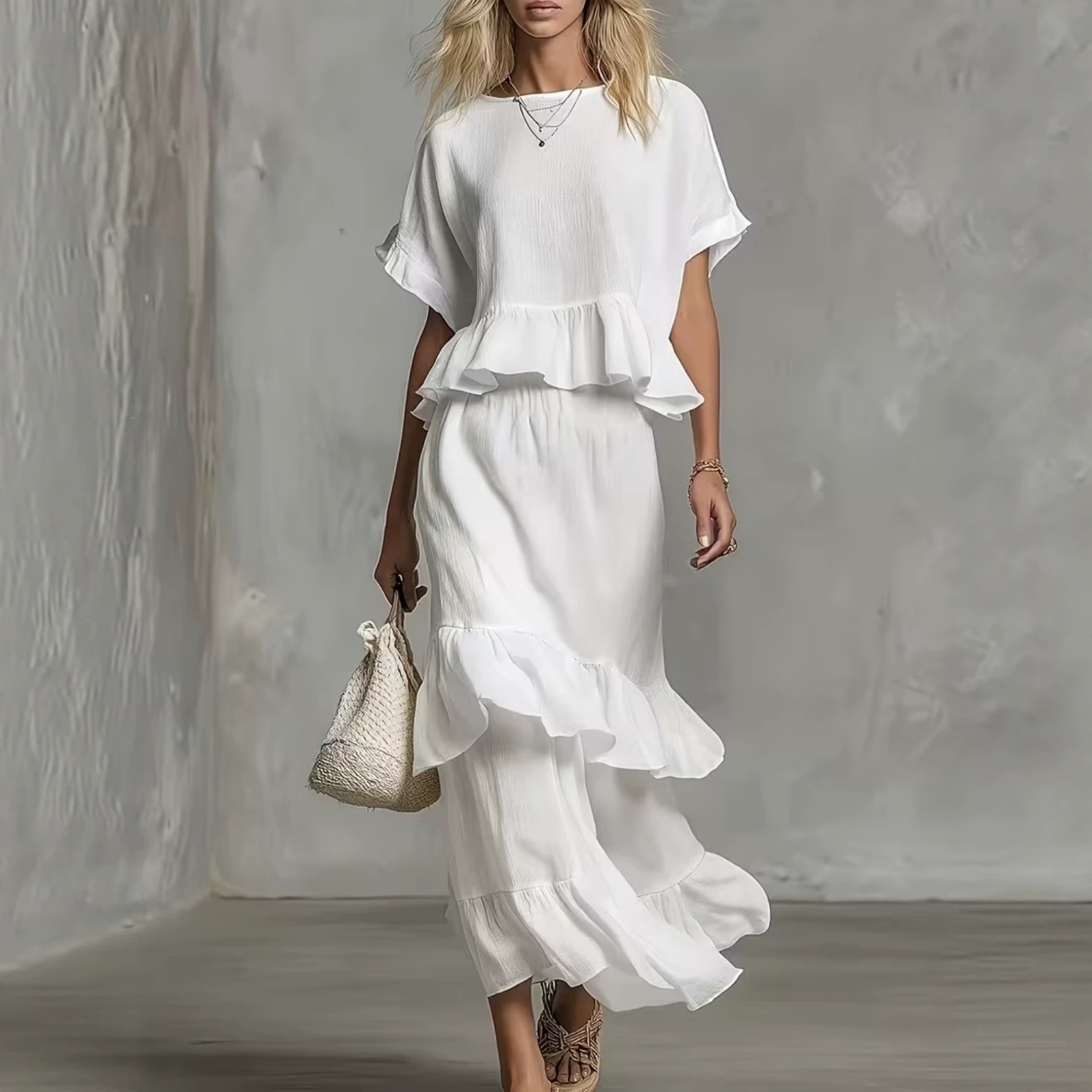 2026 Summer Cross-Border European & American Women's Wear Hot-Selling Ruffle Two-Piece Set Independent Site High-Waist Ruffle Long Skirt